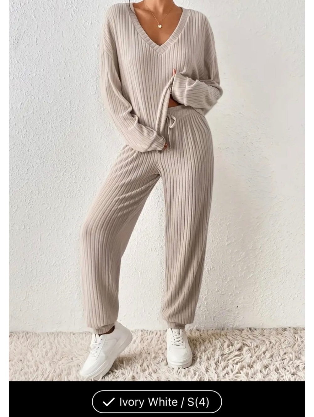 Ivory White Ribbed Knit Lounge Set with V-Neck and Jogger Pants